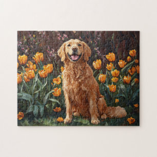 Schattigee Golden Retriever in een tulpentuin Legpuzzel