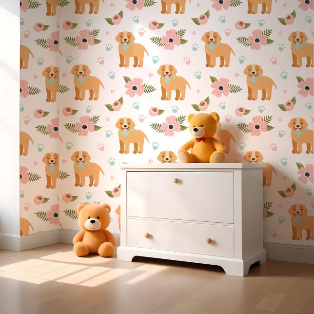 Schattigee Golden Retriever Puppies & Bloemenpatro Behang (Cute Golden Retriever Puppies & Floral Pattern Wallpaper)