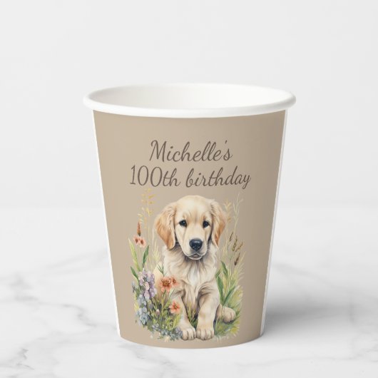 Schattigee Golden Retriever Puppy 100th Verjaardag Papieren Bekers (Achterkant)