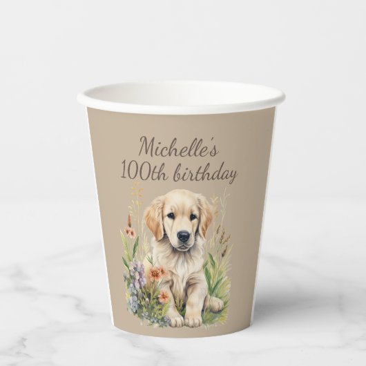 Schattigee Golden Retriever Puppy 100th Verjaardag Papieren Bekers (Voorkant)