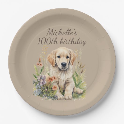 Schattigee Golden Retriever Puppy 100th Verjaardag Papieren Bordje (Voorkant)