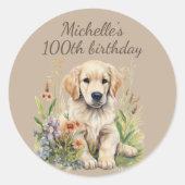 Schattigee Golden Retriever Puppy 100th Verjaardag Ronde Sticker (Voorkant)