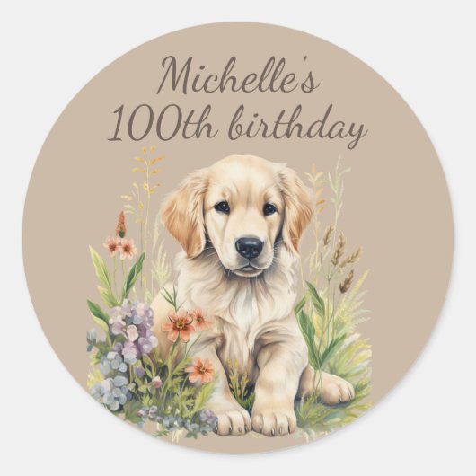 Schattigee Golden Retriever Puppy 100th Verjaardag Ronde Sticker (Voorkant)