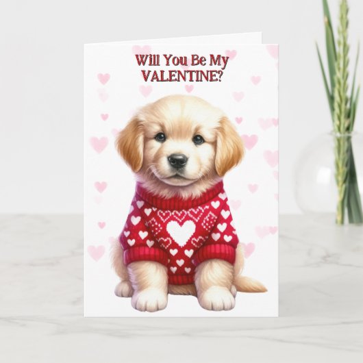 Schattigee Golden Retriever Puppy in Trui Valentij Feestdagen Kaart (Voorkant)