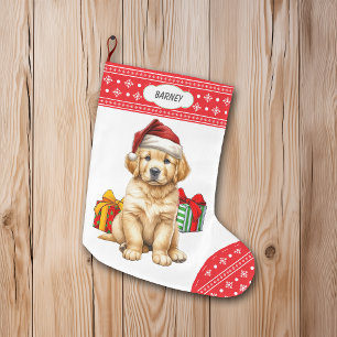 Schattigee Golden Retriever Puppy Santa Hat Sneeuw Grote Kerstsok