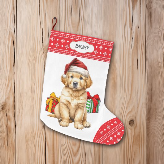 Schattigee Golden Retriever Puppy Santa Hat Sneeuw Grote Kerstsok