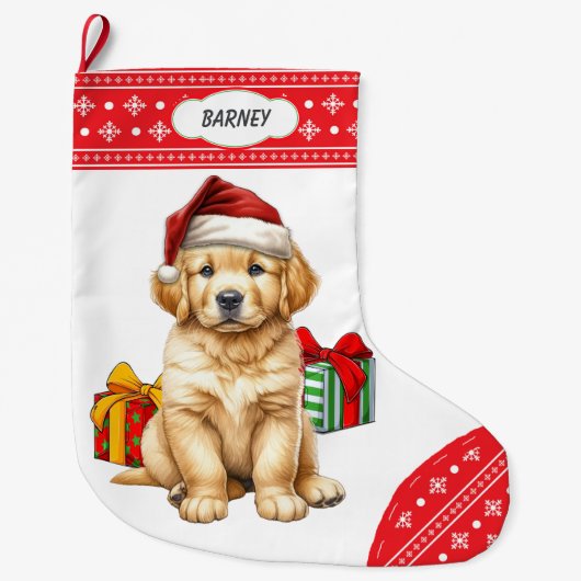 Schattigee Golden Retriever Puppy Santa Hat Sneeuw Grote Kerstsok (Voorkant)