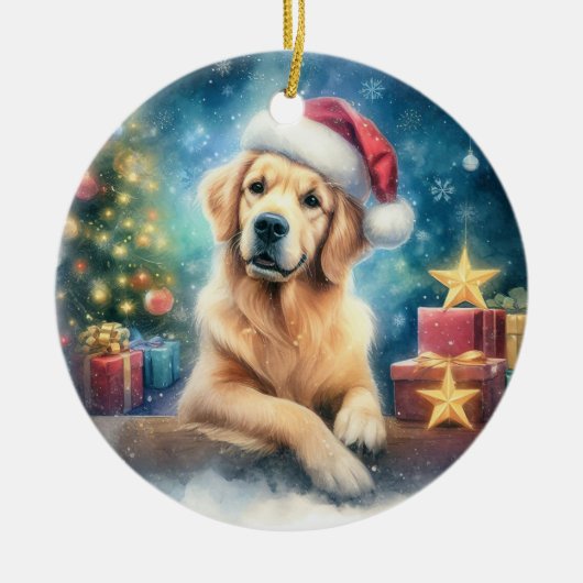 Schattigee Golden Retriever Waterverf Kerst Keramisch Ornament (Voorkant)