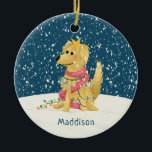 Schattigee Golden Retriever Winter Dog Christmas Keramisch Ornament<br><div class="desc">Dit schattige en grillige vakantie ornament ontwerp is voorzien van schattige golden retriever illustratie met kerst decor en sneeuw,  en heeft ruimte voor u om de naam van uw hond toe te voegen in een minimalistische lettertype. Perfect voor de eerste kerstdagen van elke hond!</div>
