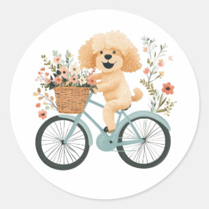 Schattigee Goldendoodle Hond Fietsen Spring Flower Ronde Sticker