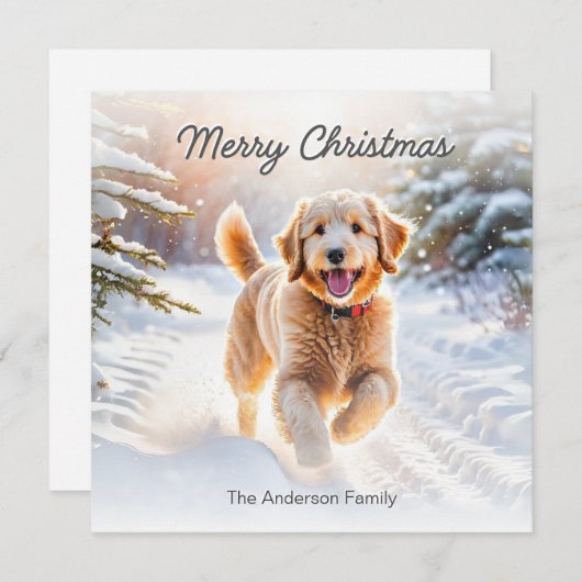 Schattigee Goldendoodle Hond In Sneeuw Vrolijk Ker Feestdagenkaart (Voorkant / Achterkant)