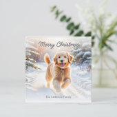 Schattigee Goldendoodle Hond In Sneeuw Vrolijk Ker Feestdagenkaart (Staand voorkant)