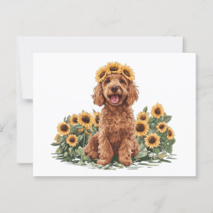 Schattigee Goldendoodle hond met een zonnebloemkro Briefkaart