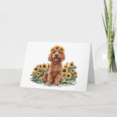 Schattigee Goldendoodle hond met een zonnebloemkro Kaart (Voorkant)