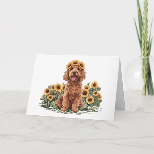 Schattigee Goldendoodle hond met een zonnebloemkro Kaart (Voorkant)