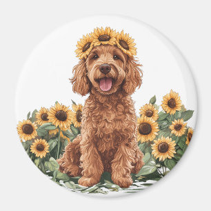 Schattigee Goldendoodle hond met een zonnebloemkro Magneet