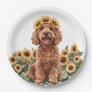 Schattigee Goldendoodle hond met een zonnebloemkro Papieren Bordje