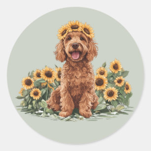 Schattigee Goldendoodle hond met een zonnebloemkro Ronde Sticker