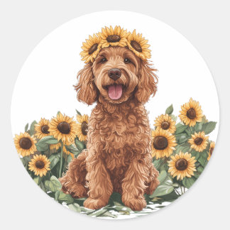 Schattigee Goldendoodle hond met een zonnebloemkro Ronde Sticker