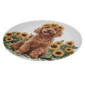 Schattigee Goldendoodle hond met een zonnebloemkro Snijplank (Hoek)