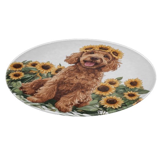 Schattigee Goldendoodle hond met een zonnebloemkro Snijplank (Hoek)