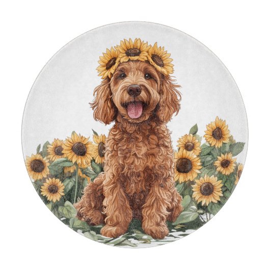 Schattigee Goldendoodle hond met een zonnebloemkro Snijplank (Voorkant)
