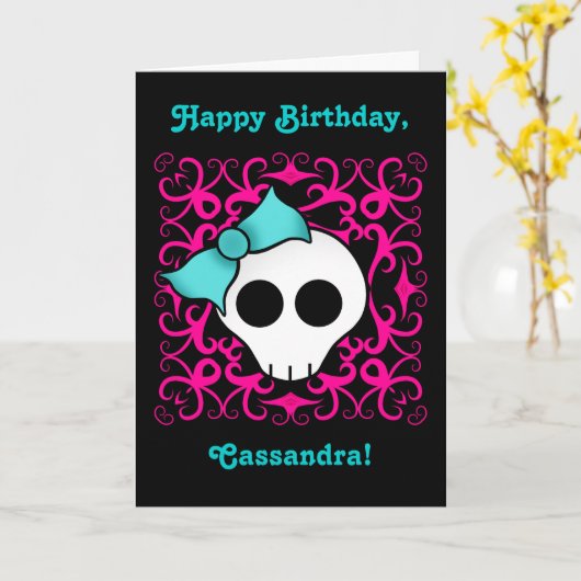 Schattigee gothic schedel verjaardag voor tween of kaart (Gele Bloem)