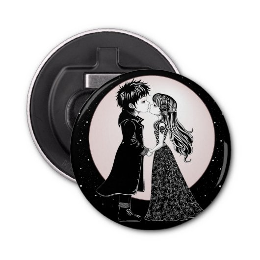 Schattigee Gotische Emo Kinder Kus Valentijnsdag Button Flesopener (Voorkant)