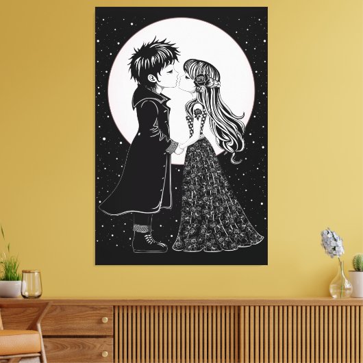 Schattigee Gotische Emo Kinder Kus Valentijnsdag Canvas Afdruk (Insitu (Woonkamer))