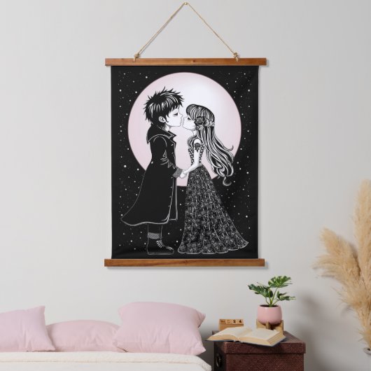 Schattigee Gotische Emo Kinder Kus Valentijnsdag Hangend Wandkleed (Slaapkamer)