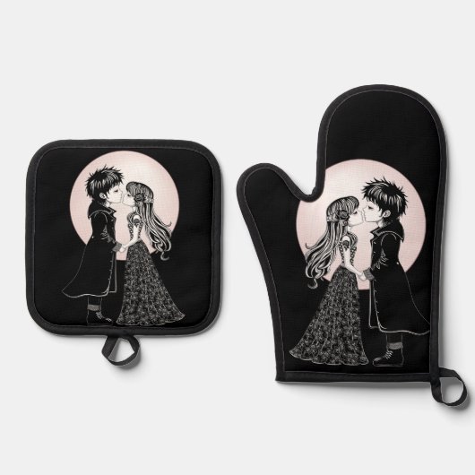 Schattigee Gotische Emo Kinder Kus Valentijnsdag Ovenwant & Pannenlap Set (Voorkant)