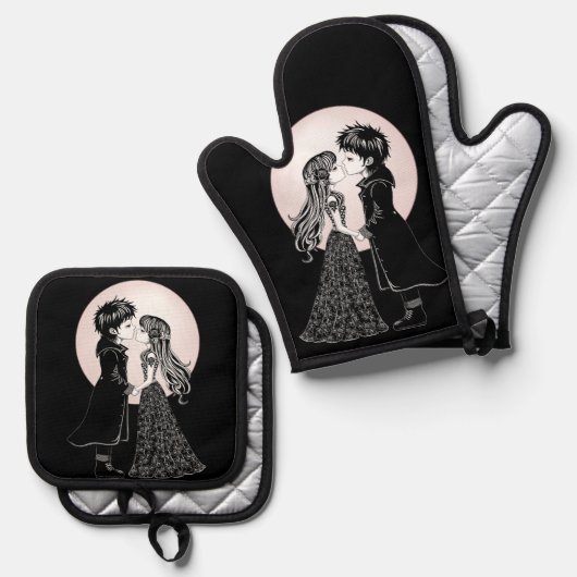 Schattigee Gotische Emo Kinder Kus Valentijnsdag Ovenwant & Pannenlap Set (Voorkant / Achterkant)