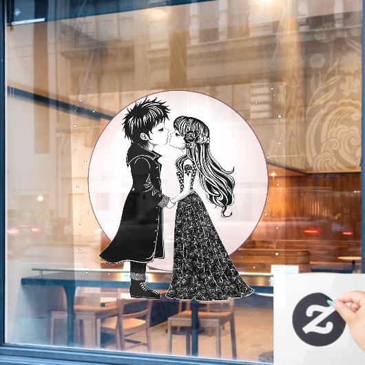 Schattigee Gotische Emo Kinder Kus Valentijnsdag Raamsticker (Cafe Raam)