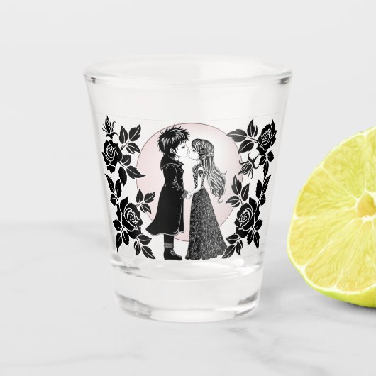 Schattigee Gotische Emo Kinder Kus Valentijnsdag Shot Glas (Voorkant)