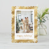 Schattigee gouden besneeuwde fotovakantie feestdagenkaart (Staand voorkant)