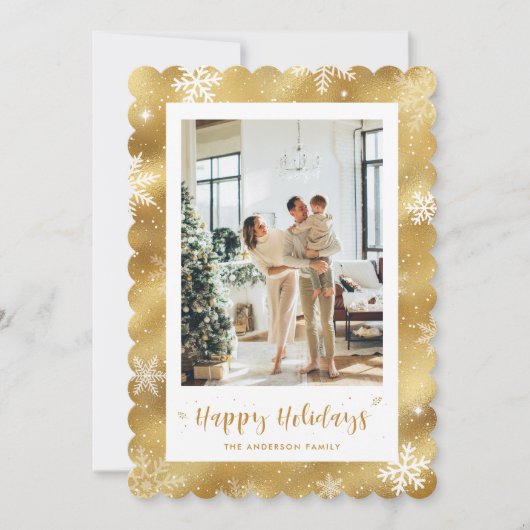 Schattigee gouden besneeuwde fotovakantie feestdagenkaart (Voorkant)