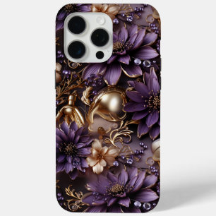 Schattigee gouden en Paarse bloemige botanische iPhone 15 Pro Max Hoesje