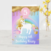 Schattigee gouden en witte eenhoorn snoep verjaard kaart (Gele Bloem)