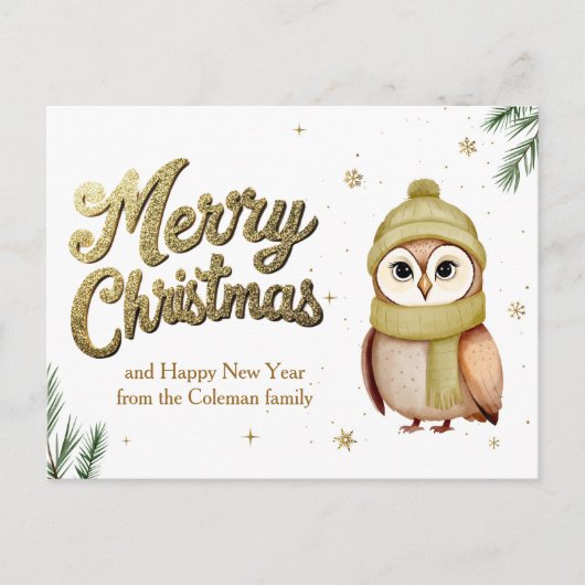 Schattigee gouden glitter vrolijke kerst uil feestdagenkaart (Voorkant)