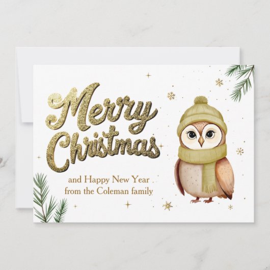 Schattigee gouden glitter vrolijke kerst uil feestdagenkaart (Voorkant)