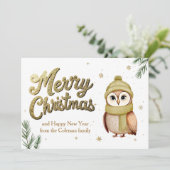 Schattigee gouden glitter vrolijke kerst uil feestdagenkaart (Staand voorkant)