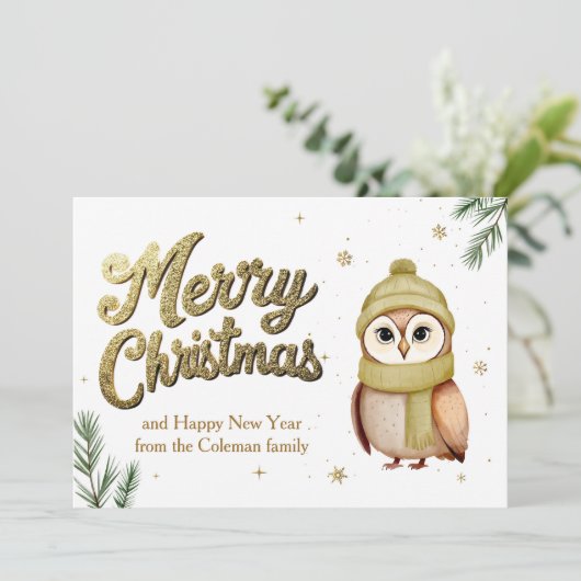 Schattigee gouden glitter vrolijke kerst uil feestdagenkaart (Staand voorkant)