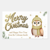 Schattigee gouden glitter vrolijke kerst uil rechthoekige sticker (Voorkant)