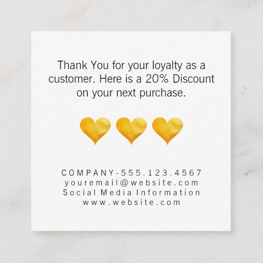 Schattigee Gouden Harten Dank u Korting Kaart (Achterkant)