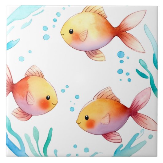 Schattigee Gouden Vis Waterverf Oceaan Zee Nautisc Tegeltje (Voorkant)