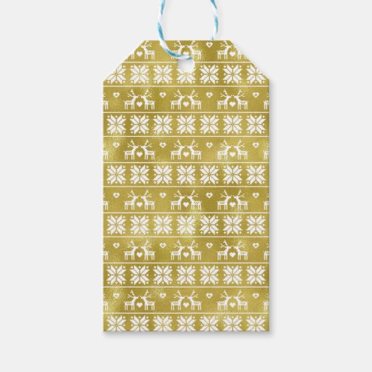 Schattigee Goudfolie Reindeers en Sneeuwvlokken Cadeaulabel (Voorkant)