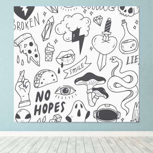 Schattigee Graffiti: Doodle Art Set. Canvas Afdruk (Insitu (Houten vloer))