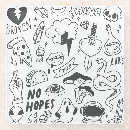 Schattigee Graffiti: Doodle Art Set. Glazen Onderzetter (Voorkant)