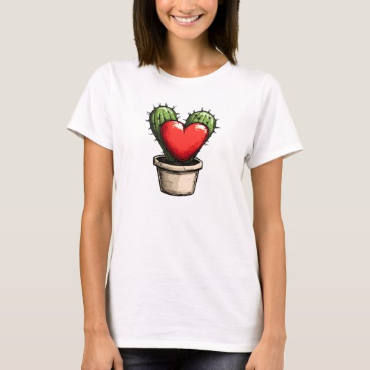 Schattigee Grappige Cactus Hart Valentijnsdag T-shirt (Voorkant)