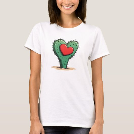 Schattigee Grappige Cactus Hart Valentijnsdag T-shirt (Voorkant)
